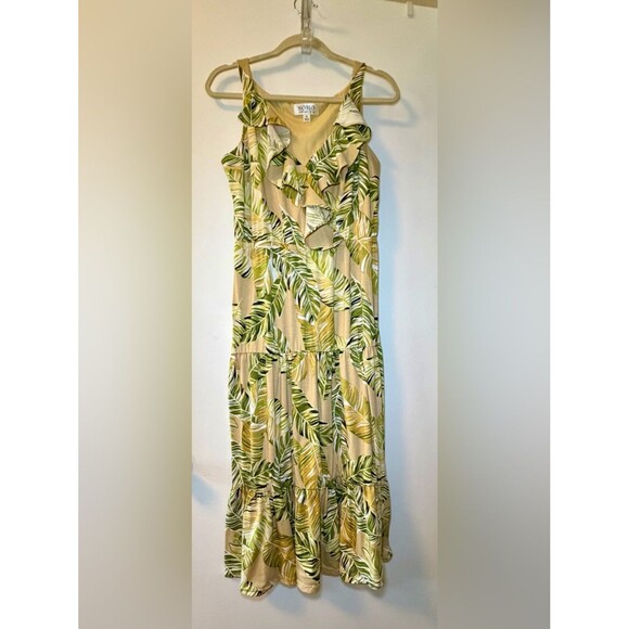 Unbranded Dresses & Skirts - SOHO Beige Maxi Dress with Green Leaf Print and Ruffle V-Neckline